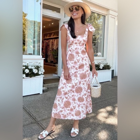 ZIMMERMANN Postcard Linen Tie Shoulder Midi Dress Sz 0 Tan Floral Open Back - Picture 3 of 16